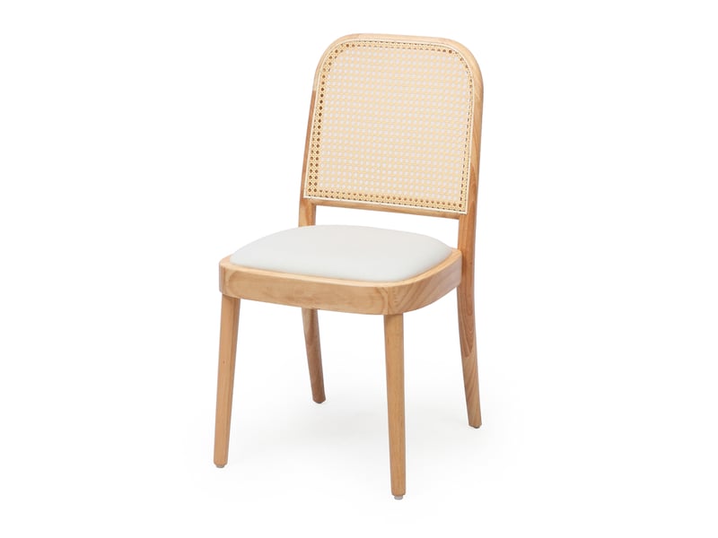  Lot de 4 chaises de salle à manger avec dossier en rotin et assise rembourrée en lin, bois clair et blanc  - Conforama A