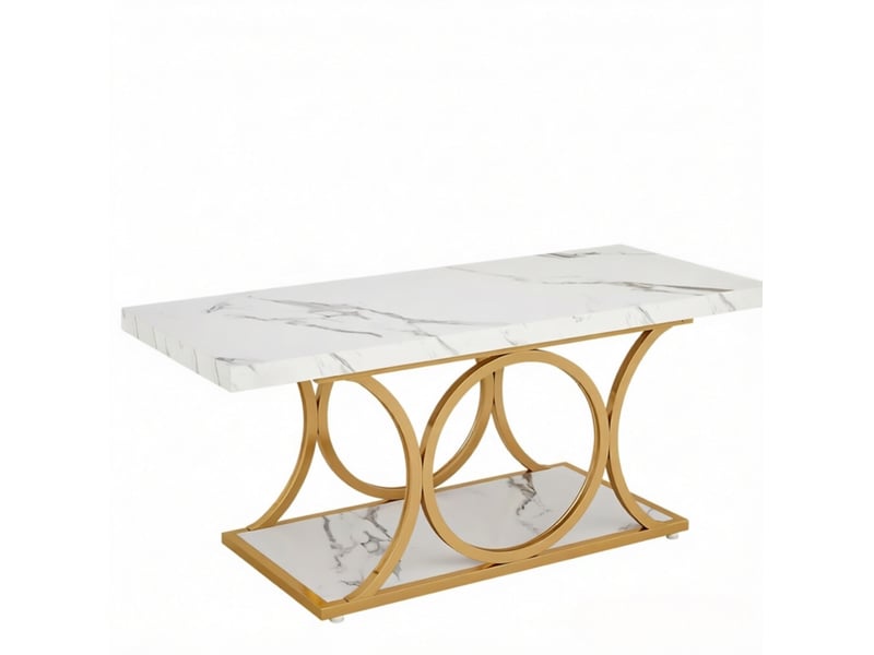  Table basse rectangulaire 2 niveaux blanche et dorée, effet marbre et métal, avec rangement pour le salon  - Conforama A