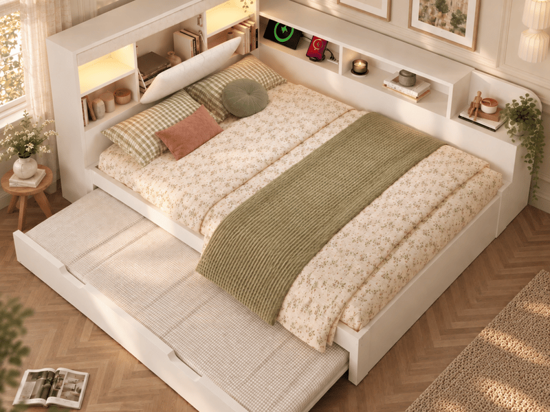  Lit banquette enfant 140x190 cm blanc avec lit gigogne, prises usb, éclairage led et rangements  - Conforama B