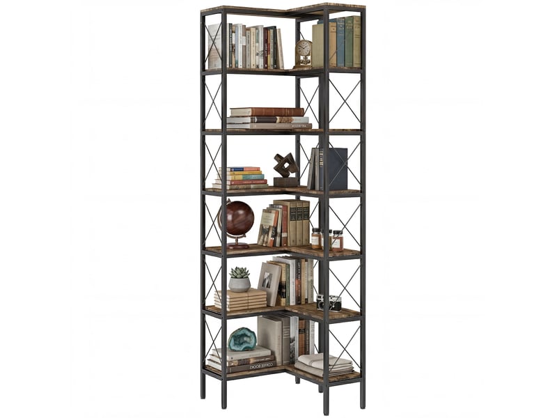  Bibliothèque d'angle à 6 niveaux, meuble de rangement en métal pour salon, chambre, bureau, 60x60x200cm, brun rustique  - Conforama B
