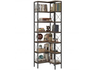 Bibliothèque d'angle à 6 niveaux, meuble de rangement en métal pour salon, chambre, bureau, 60x60x200cm, brun rustique