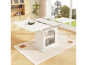 Table à manger rectangulaire extensible 110-140 x 80 cm avec rangement 3 niveaux, portes vitrées, étagères réglables, finition blanche moderne