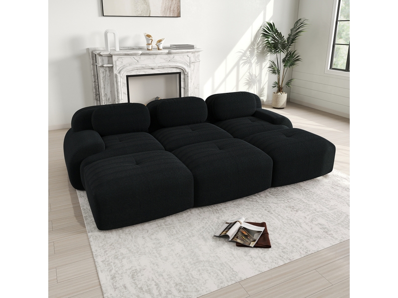  Canapé modulable modenvie 3 places avec 3 poufs velours côtelé noir 298 x 178 x 70 cm  - Conforama E