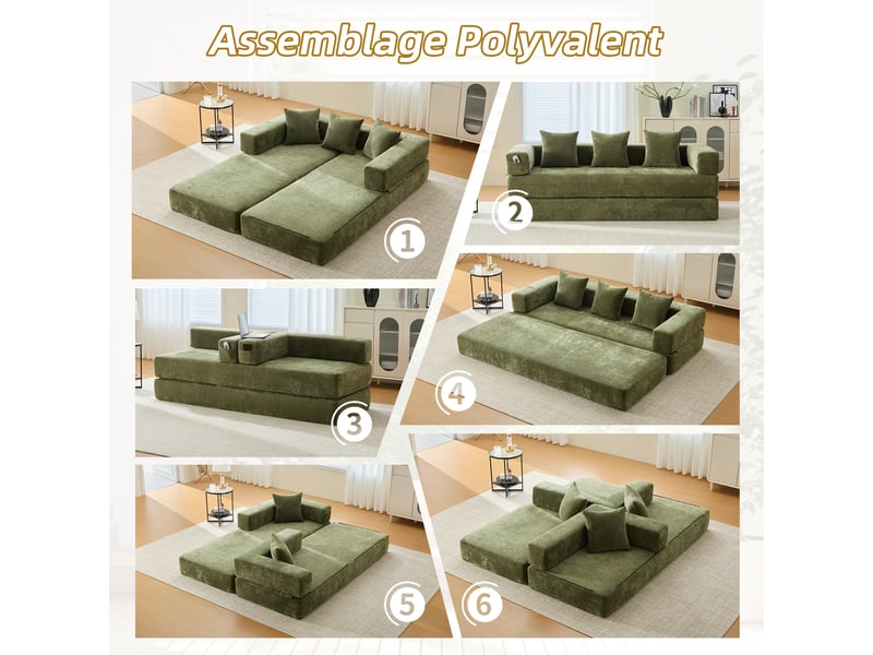  Canapé modulable en chenille verte 198 x 79 x 60 cm, mousse, poches latérales, base antidérapante, salon ou chambre 198x79x60cm - Conforama W