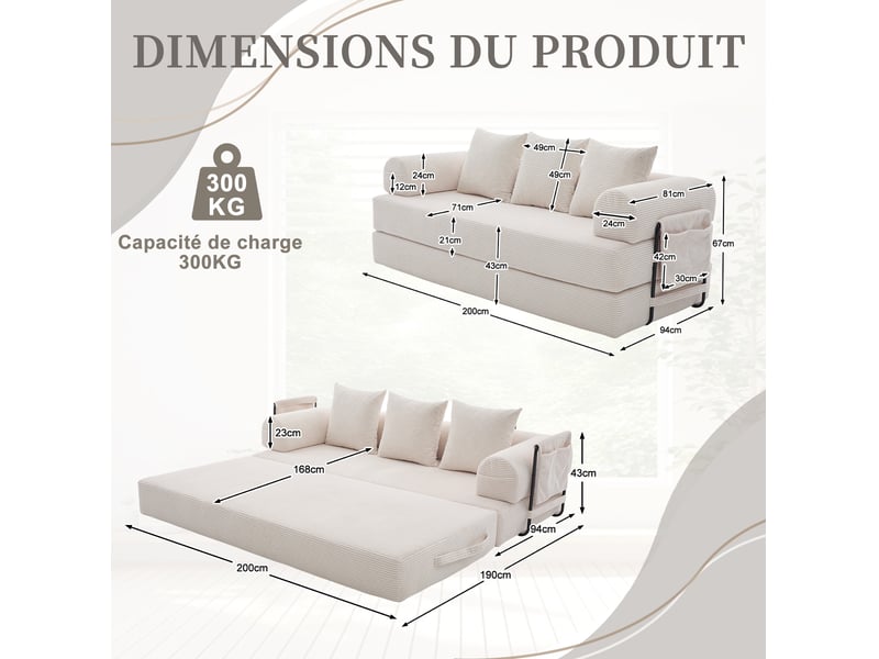  Canapé convertible 200x94x67 cm à 3 places avec poches latérales, 3 coussins, structure métal, velours côtelé beige  - Conforama C