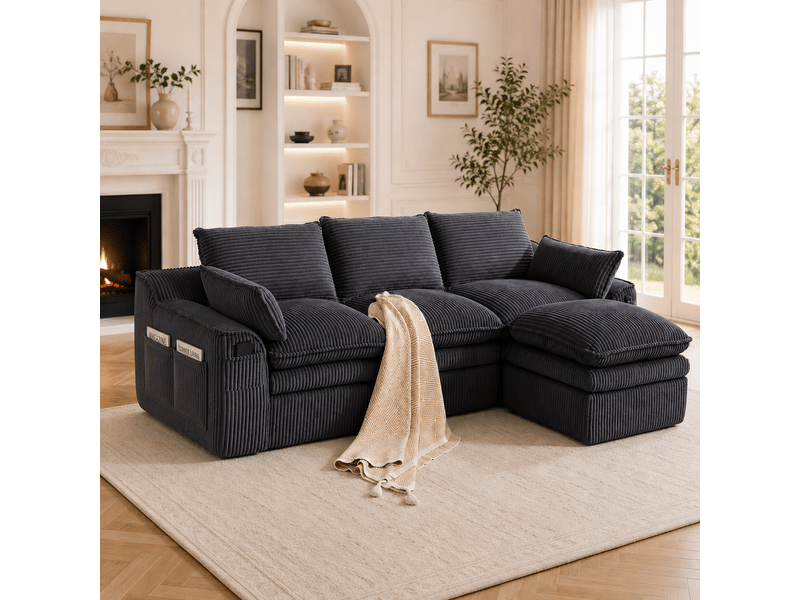  Canapé modulable 3 places en velours côtelé gris foncé 263x167x85 cm avec pouf, coussins et poches latérales 263x167x85cm - Conforama B