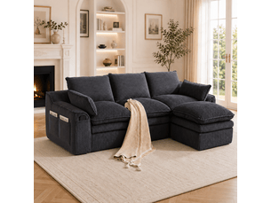 Canapé modulable 3 places en velours côtelé gris foncé 263x167x85 cm avec pouf, coussins et poches latérales