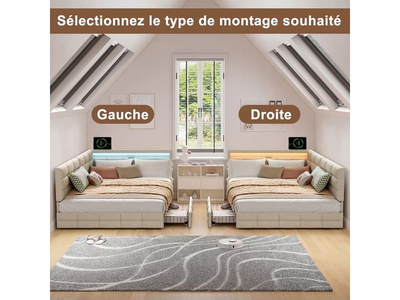  Lit 140x190cm - lit double 140x190 - lit rembourré en l avec 2 tiroirs, éclairage led, ports usbtype-c - tissu en lin beige  - Conforama D