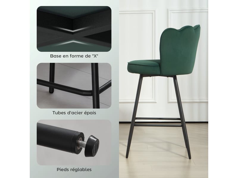  Lot de 2 tabourets de bar, chaises de bar avec dossier et repose-pieds, pieds en acier, 54 x 55 x 97 cm, vert foncé  - Conforama R