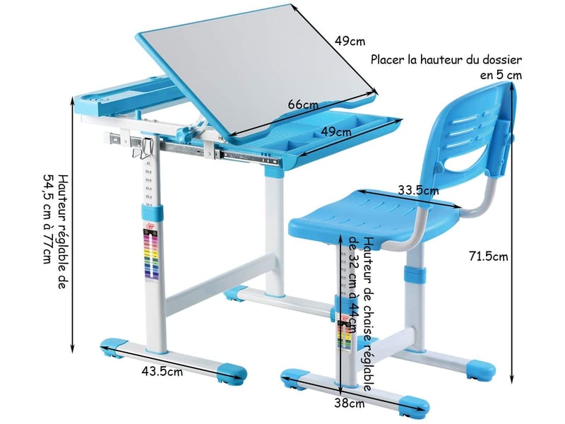 Ensemble Bureau Et Chaise Réglables Pour Enfants Avec Tiroirs Et Séparateurs - Bleu - Idéal Étude