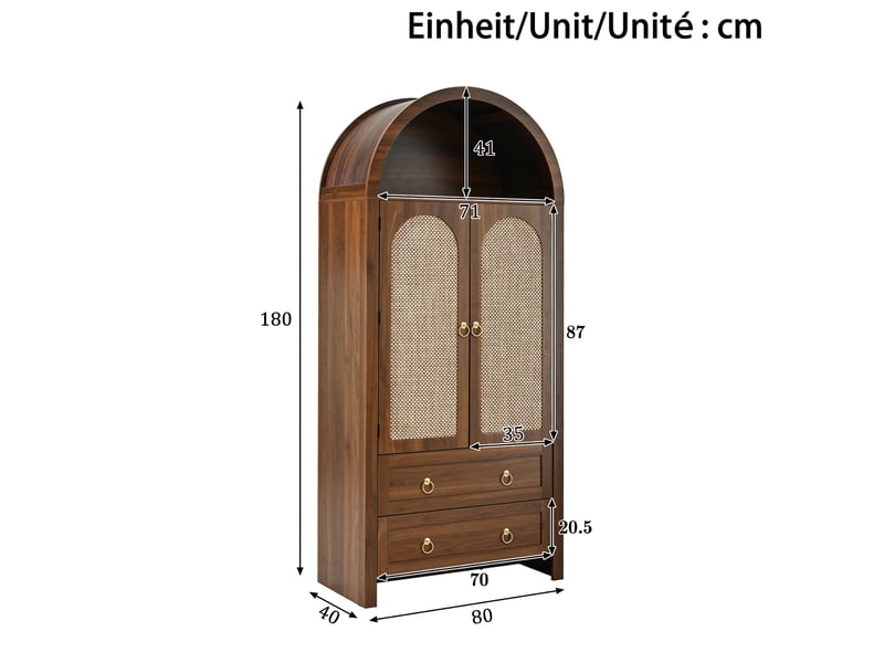  Buffet haut 80x40x180 cm, portes en rotin, 2 tiroirs, niches ouvertes, crochets latéraux, mdf, noyer  - Conforama C