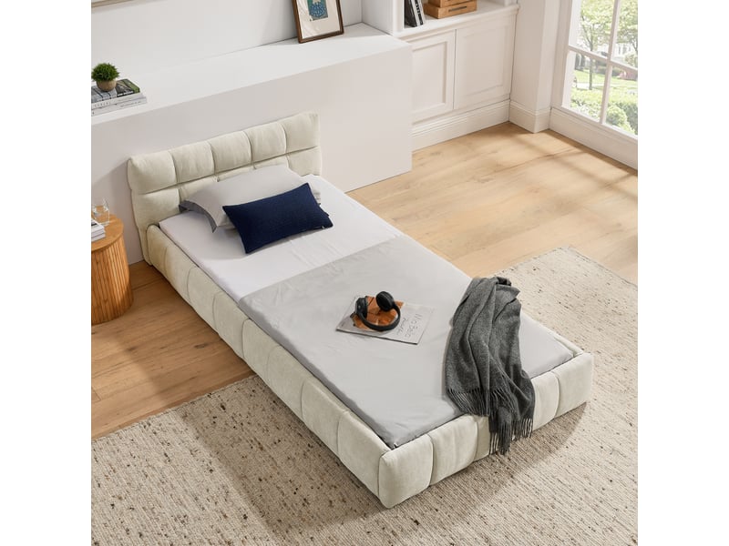  Lit une place enfant 90 x 200 cm, motif matelassé carré, structure en bois d’eucalyptus et fer, montage facile, chenille, beige Bliss Lite - Conforama E