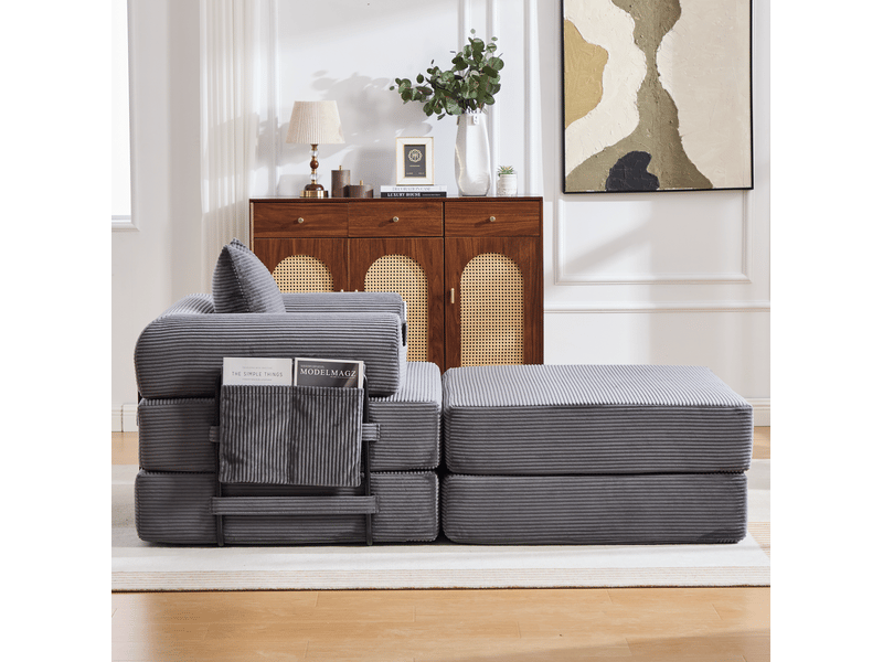  Fauteuil modulable modenvie 1 place avec pouf velours côtelé gris foncé 112 x 190 x 67 cm  - Conforama D