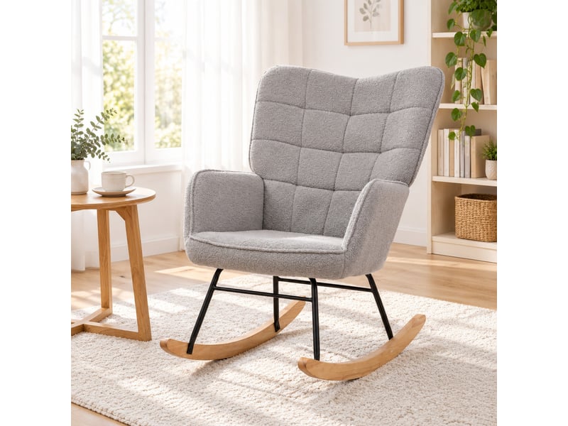 Fauteuil à bascule relax avec dossier haut capitonné et accoudoirs, structure en acier, en polyester gris clair - Conforama C