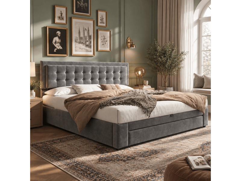 Lit avec coffre et tiroirs, tissu velours, lit capitonné, sommier à lattes, lit double, grand rangement, 180 x 200, velours, gris Seren Glow - Conforama D