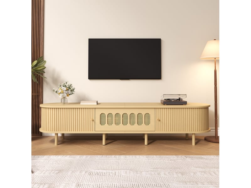 Meuble tv 180 x 40 x 40 cm – bois clair – façade effet rotin, portes roulantes et rangement fermé  - Conforama E