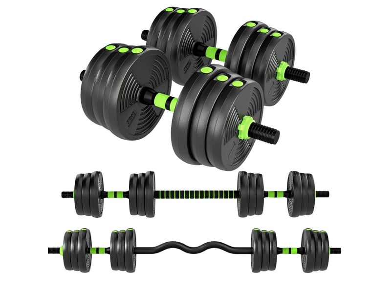 Set d'haltères réglable de musculation 25 kg 3 en 1, 140x22x22 cm – vert – avec barres droite et ez - Conforama B
