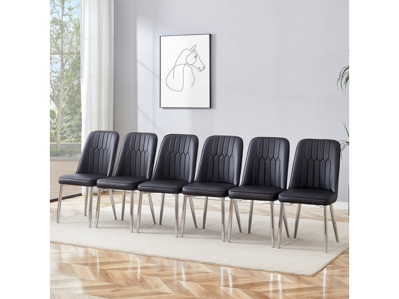 Lot de 6 chaises de salle à manger en simili cuir noir, pieds métal argenté - Conforama B
