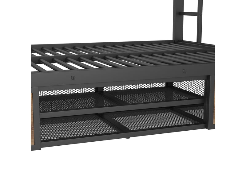  Lit superposé, lit 3 places avec meuble à chaussures, 2 niches et barrières, 90x200 et 140x200 cm, sans matelas, noir  - Conforama E