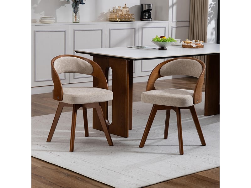 Chaise de salle à manger moderne pivotante en bois avec coussin coton lin dossier incurvé kaki  - Conforama E