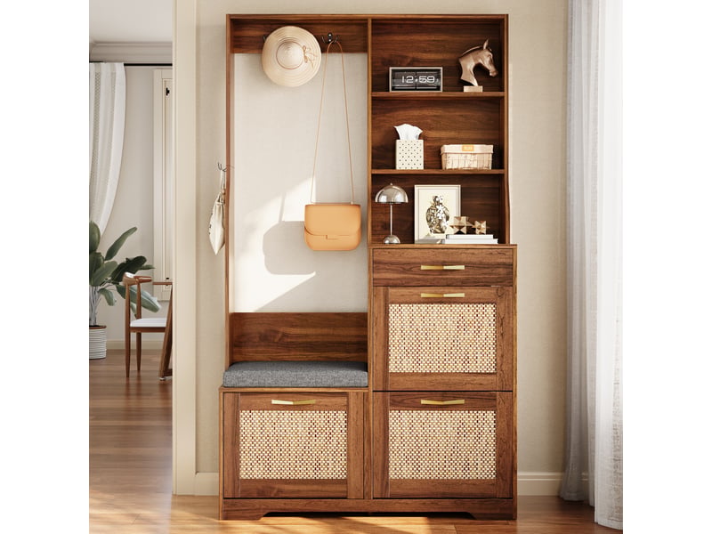 Penderie mobile - armoire, armoire d'entrée avec banc, meuble à chaussures, façade en rotin, patères, tiroirs, noyer - Conforama C
