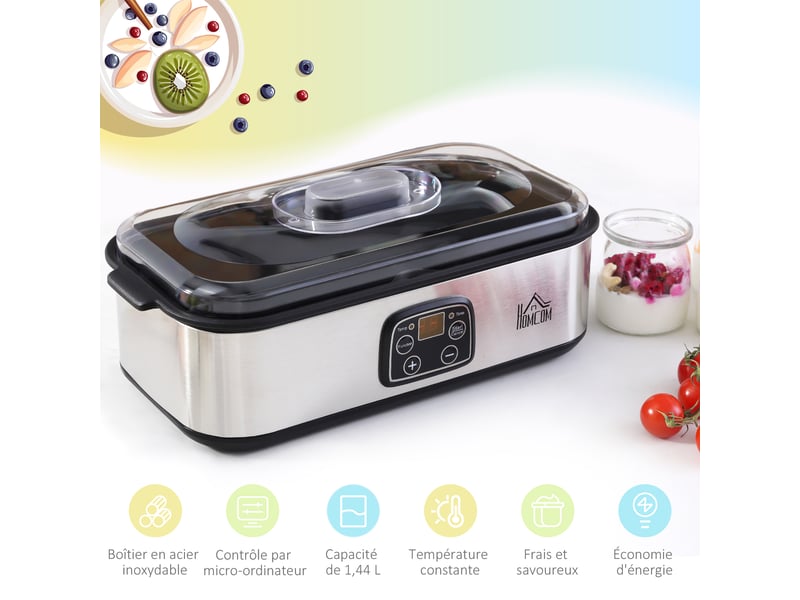 Yaourtière avec 8 pots en verre de 180ml, thermostat réglable et affichage numérique pour des desserts maison sains, machine à yaourt électrique en acier inoxydable avec minuterie - Conforama E