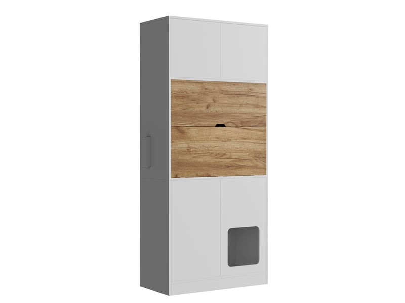  Secrétaire 80x40x180cm avec bureau rabattable, rangements pour dossiers, éclairage LED, niche pour animal et griffoir, finition blanc vieilli  - Conforama A