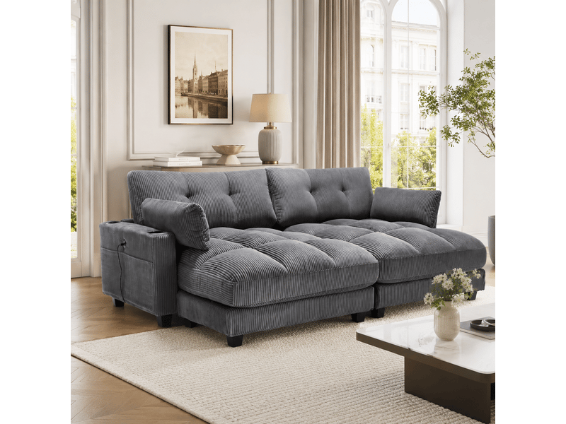  Canapé modulaire 2 places séparable avec usb, 4 porte-gobelets, 4 poches latérales, coussins en velours côtelé gris  - Conforama C