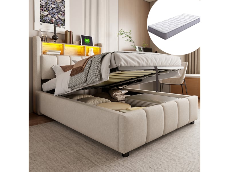  Lit rembourré 90x200 cm beige avec matelas, led, usb et rangement hydraulique  - Conforama B