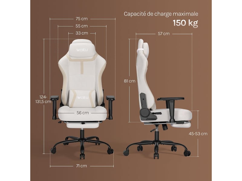  Chaise gaming, avec dossier inclinable appui-tête,repose-pieds rétractable, en maille, blanc crème  - Conforama C