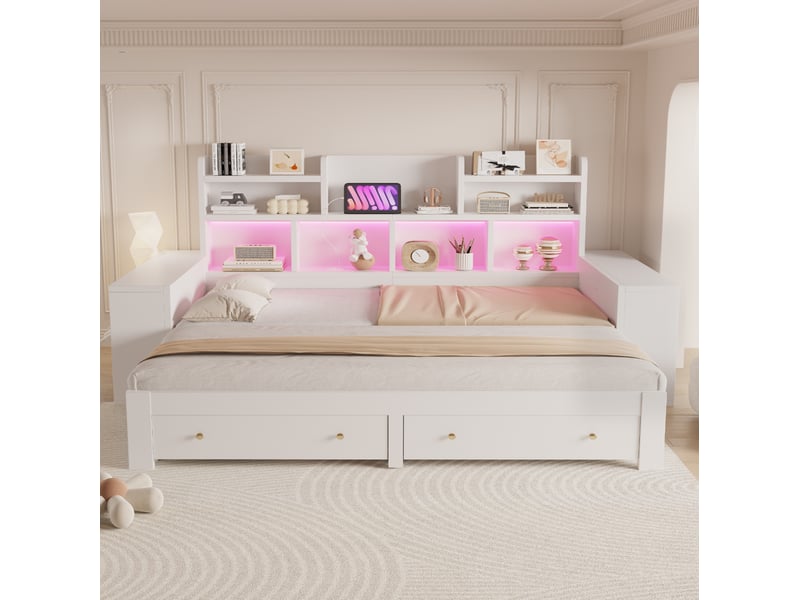  Lit enfant 90x200 cm extensible 180 cm, lit multifonctionnel avec rangement et led, bois blanc, sans matelas  - Conforama B
