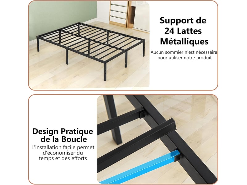 Costway cadre de lit 160x200 cm, lit 2 personnes, lit double hauteur 36 cm avec rangement sous le lit, cadre de lit plateforme en métal, montage facile, noir - Conforama E