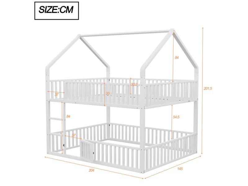  Lit superposé 140x200 cm en métal avec cadre maison et porte, blanc  - Conforama C