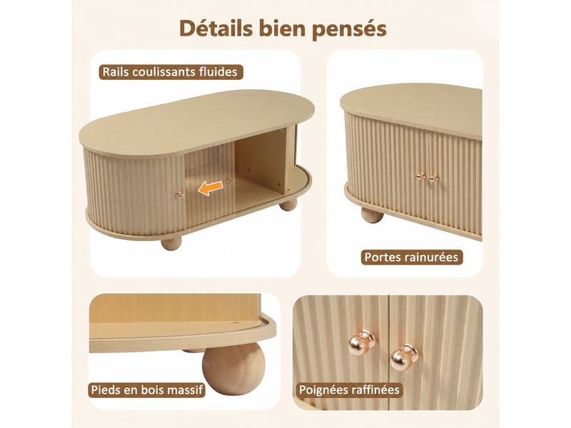  Table basse - ovale - portes coulissantes - grand rangement - mdf - 100x55x40cm - effet bois naturel  - Conforama D