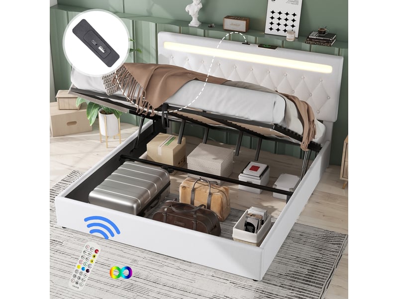  Lit coffre 180x200 cm avec sommier, lit double capitonné avec led et port usbtype-c, cadre de lit en adulte , tissu lin blanc  - Conforama E