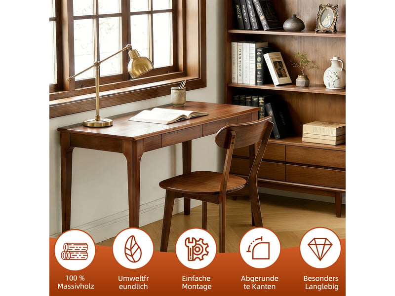  Lot de 2 chaises de salle à manger en bois massif, style mid-century, dossier incurvé ergonomique, pieds inclinés et patins réglables, finition noyer  - Conforama E
