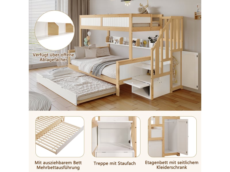  Lit superposé enfant avec lit gigogne, trois positions, placard et escalier, 90x200&amp;90x190&amp;120*200cm, blanc et naturel  - Conforama C
