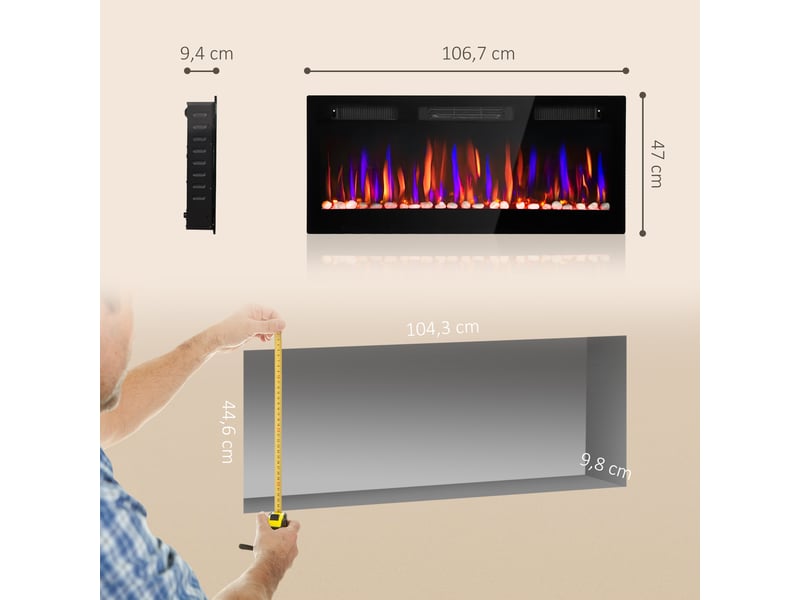 Cheminée électrique encastrable ultra-mince avec flamme 3d, luminosité et vitesse réglables, 12 couleurs de galets, 9001800 w - Conforama E