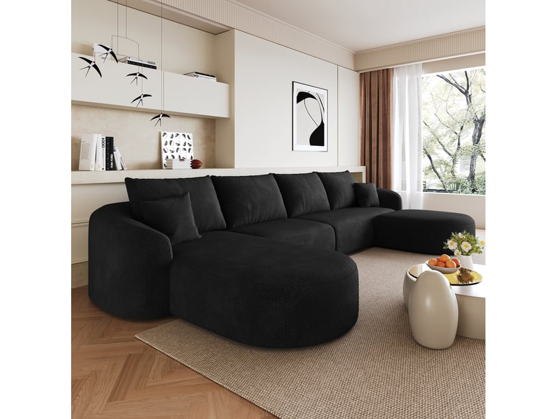  Canapé d’angle panoramique en u 6 places en chenille noire 336x168x85 cm  - Conforama B