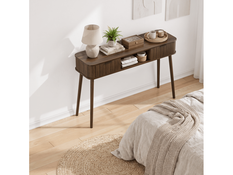  Console 120x35x77,6 cm en mdf et panneaux de particules avec 2 tiroirs aspect noyer chicfurn  - Conforama C