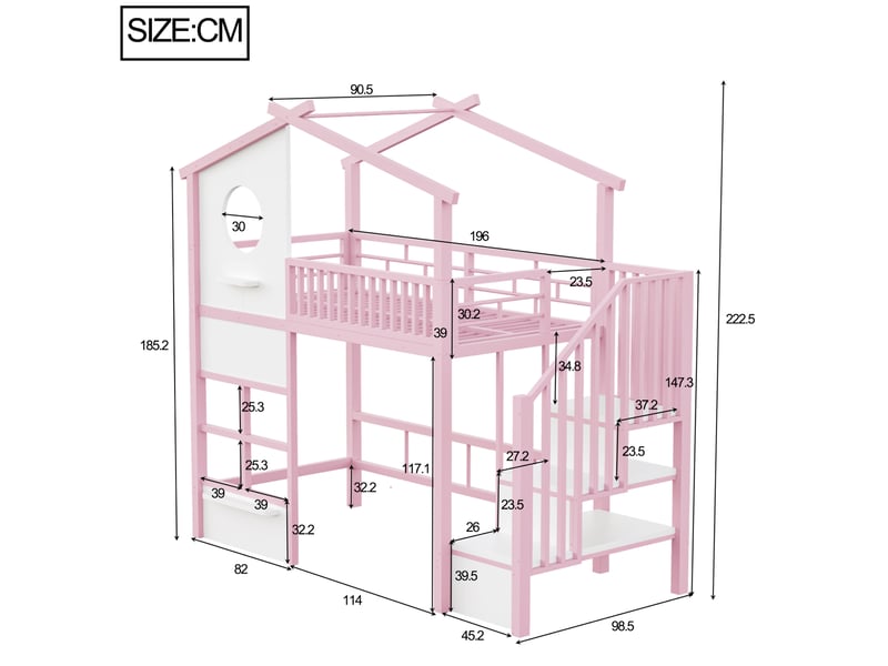 Lit mezzanine enfant 90x200 cm avec led et escalier de rangement rose et blanc - Conforama C