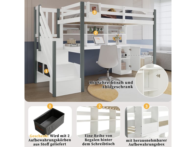 Lit mi-hauteur 90×200 cm blanc et gris en pin et mdf, bureau, étagères, escalier de rangement et 2 boîtes en tissu - Conforama E