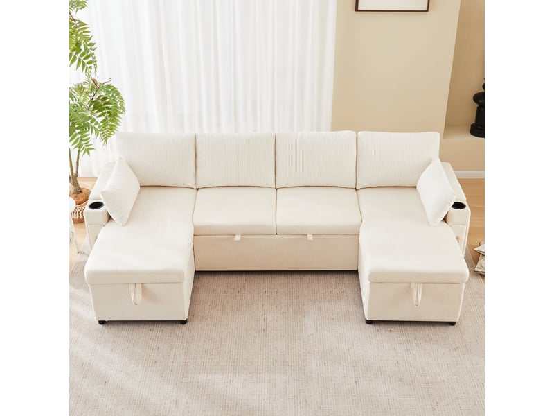 Canapé d'angle, canapé convertible, 4 places, beige, porte-gobelets, pour salon, mobilier pour espace de vie, appartement - Conforama C