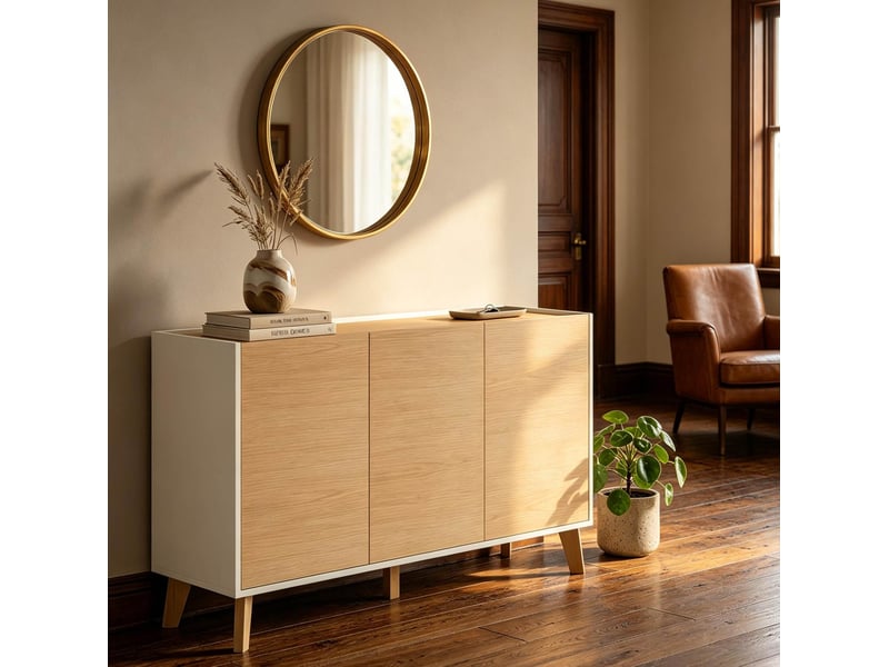 Buffet de cuisine 120x35x73,5 cm, style nordique, 3 portes, 6 compartiments, mdf naturel et blanc, meuble de rangement  - Conforama D