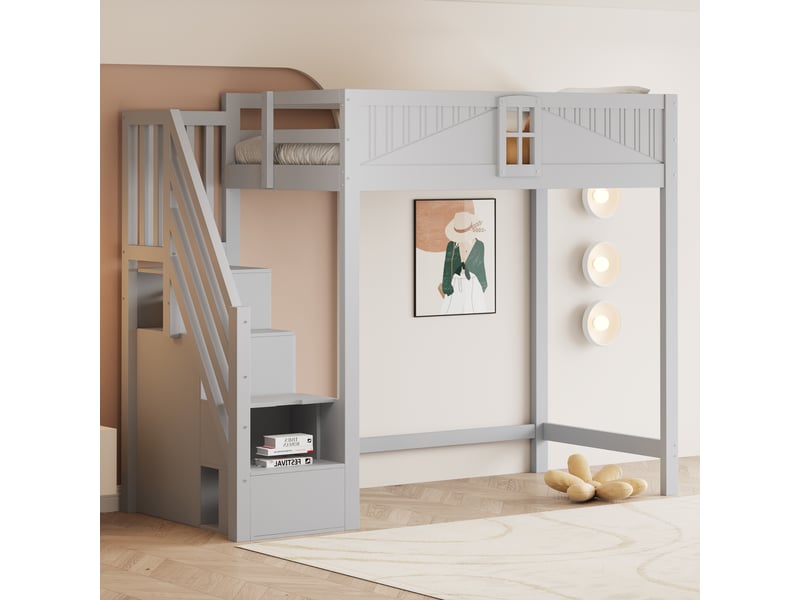  Lit mezzanine en bois massif 90 x 200 cm gris, échelle latérale réversible avec rangement, garde-corps à fenêtre  - Conforama E