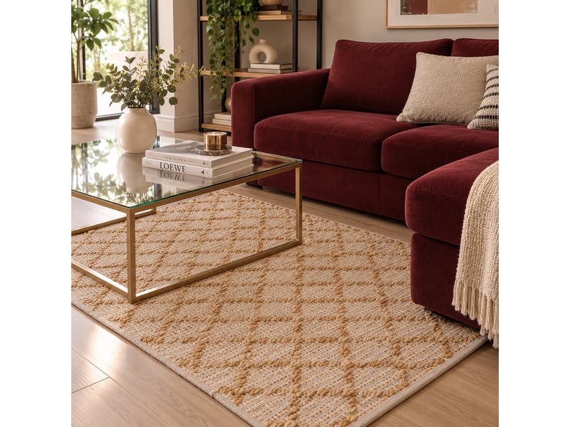  Tapis de sol rectangulaire en jute et coton naturel tissé motif losanges, coloris naturel - longueur 90 x largeur 60 cm  - Conforama B