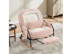 Fauteuil à bascule rose en tissu, dossier réglable de 100 à 160° avec repose-pieds et poches latérales