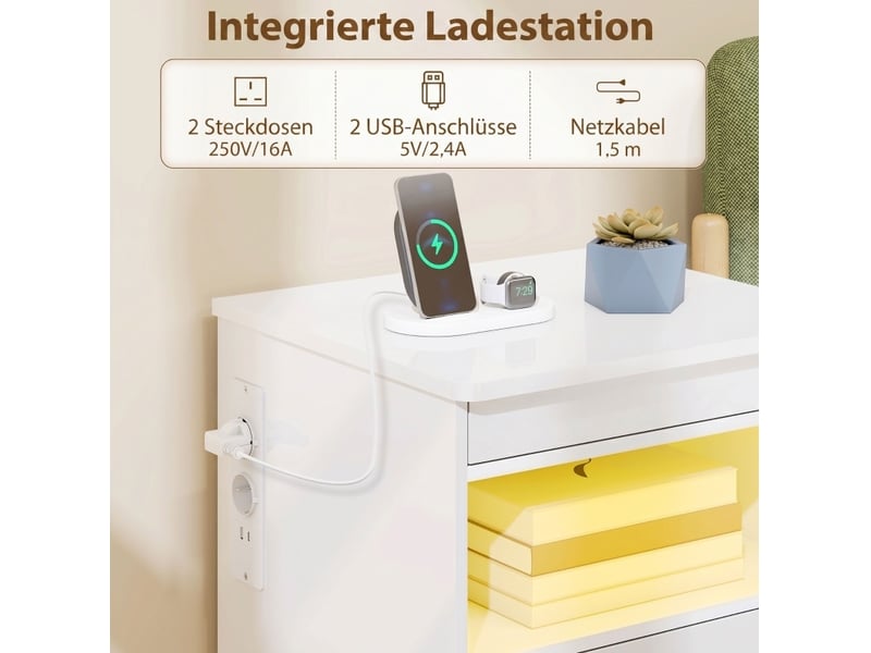  Table de chevet 45x40x59 cm avec station de charge et éclairage led rgb, bois, blanc brillant  - Conforama D