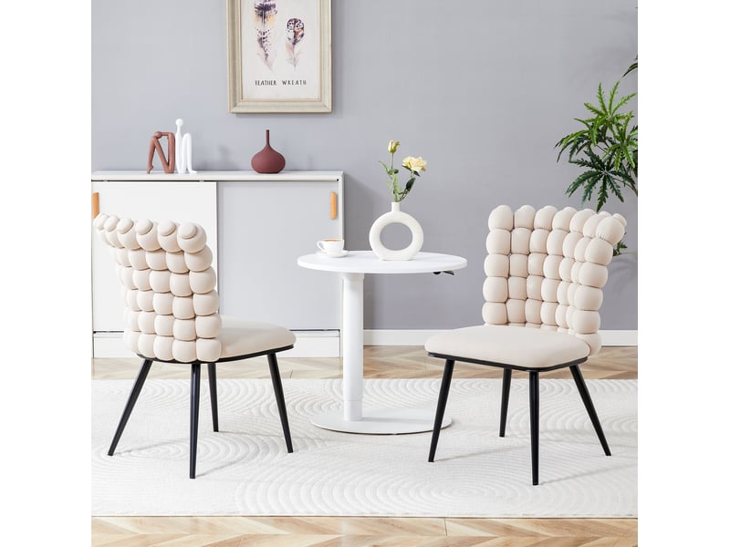  Lot de 2 chaises 54x48x88 cm style contemporain confortable velours blanc cassé, dossier perlé, pieds métal noir  - Conforama E