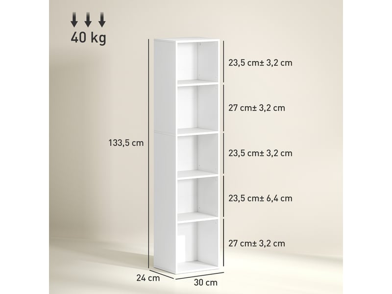 Bibliothèque étagère de rangement 5 niveaux avec étagères réglables pour salon, chambre, bureau, 30x24x133,5cm, blanc  - Conforama E